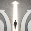 Image of several direction arrows with a man walking along a straight glowing arrow