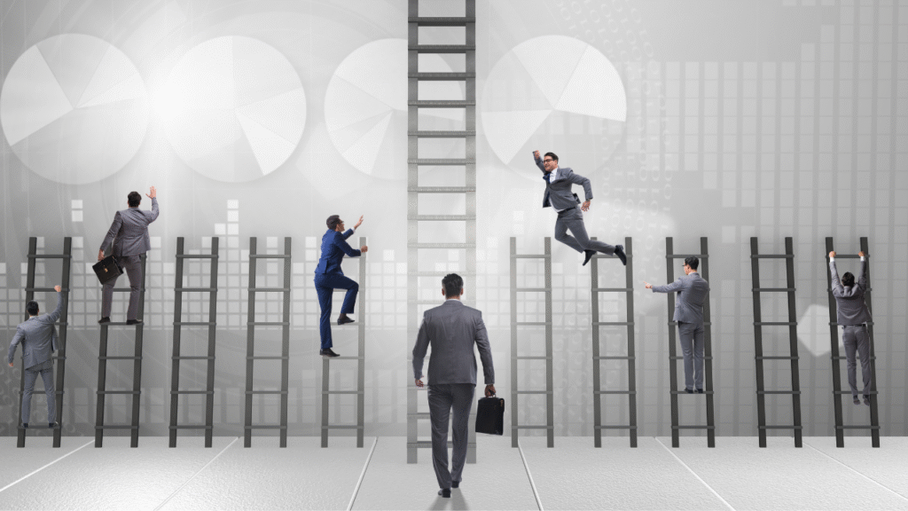 Image showing multiple ladders with men in suits climbing them, jumping from them or walking towards them to represent the competitive dynamics around digital banking in emerging markets