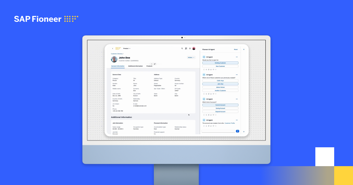 Computer monitor with the SAP Fioneer Core Banking demo video on the screen.