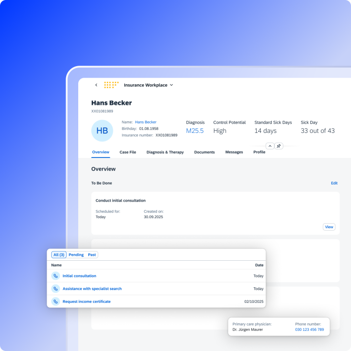 Insurance Workplace case overview showing diagnosis details, sick day information, and tasks including initial consultation, specialist search assistance, and income certificate request.