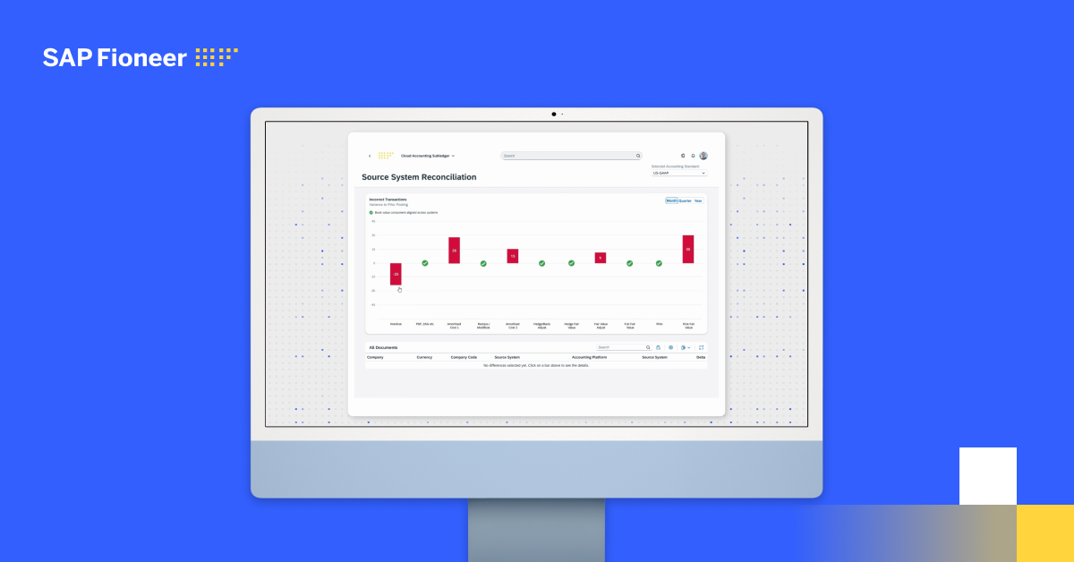 Computer monitor with the SAP Fioneer Cloud Accounting Subledger demo video on the screen.