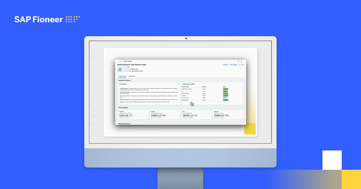 Computer monitor with the Fioneer AI Agent Market Trace demo video on the screen.