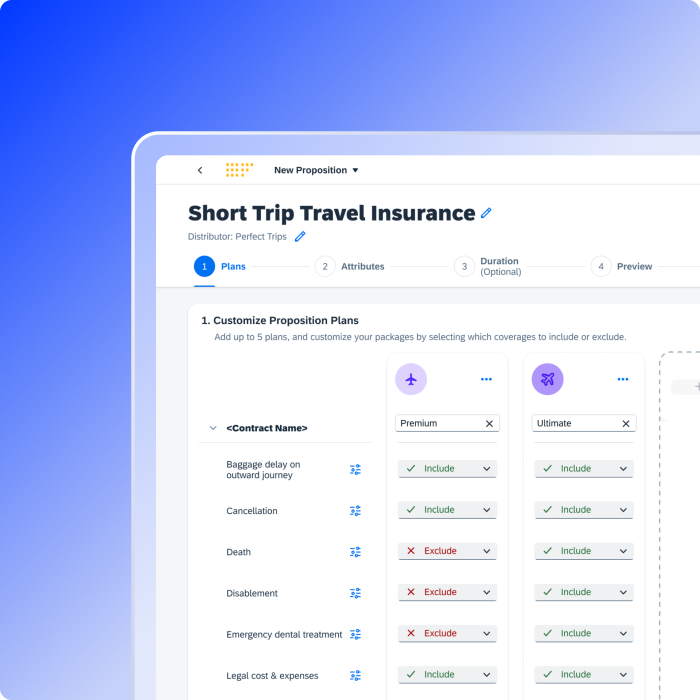 Engagement Hub proposition customization screen for Short Trip Travel Insurance showing plan options and coverage selections for premium and ultimate packages.
