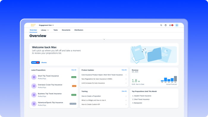 Engagement Hub overview dashboard showing latest propositions, product updates, training resources, revenue chart, and top propositions sold this month.