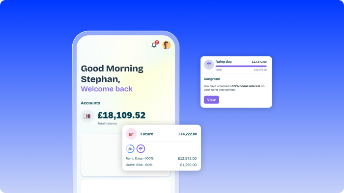 Behavioral Banking welcome screen with personalized recommendations and account overview options.