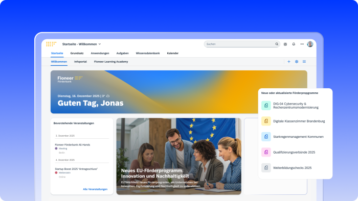 Funding bank portal dashboard showing greeting banner, upcoming events list, featured article, and a sidebar with new or updated funding programs.