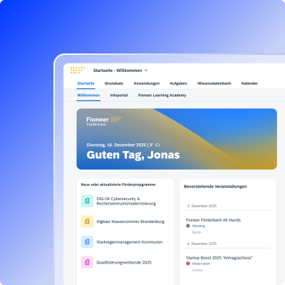 Welcome dashboard for funding bank portal showing greeting banner, new or updated funding programs list, and upcoming events section.