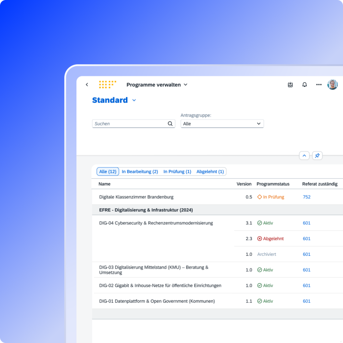 Program management dashboard showing a list of digitalization initiatives with status indicators such as active, under review, rejected, and archived.