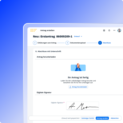 Application submission screen showing completion step with download option and digital signature field for finalizing the application.